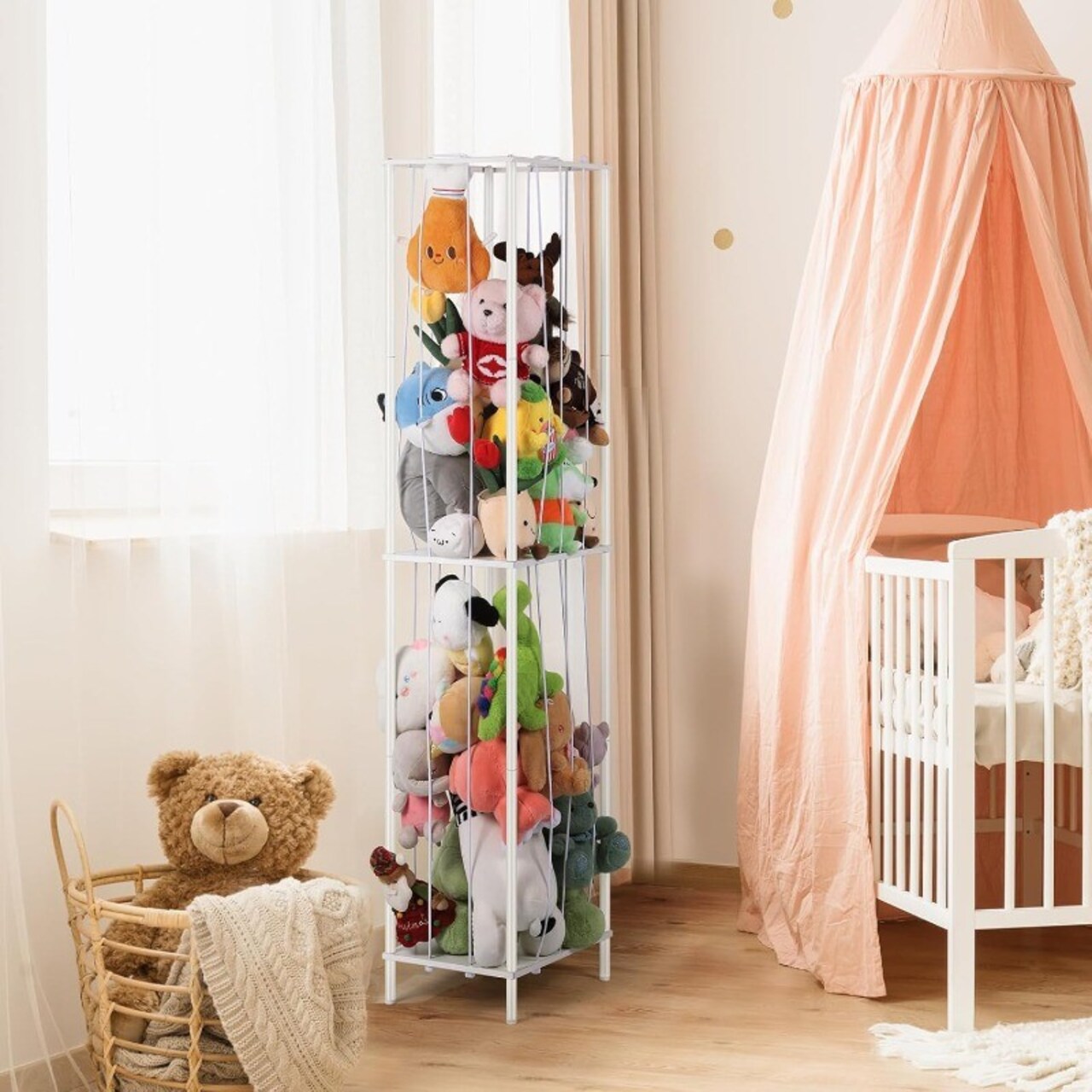 Metal Stuffed Animal Storage Organizer with Elastic Rope - Kids Toy Holder for Plush Toys & Sports Balls, Space-Saving Design, Sturdy Construction